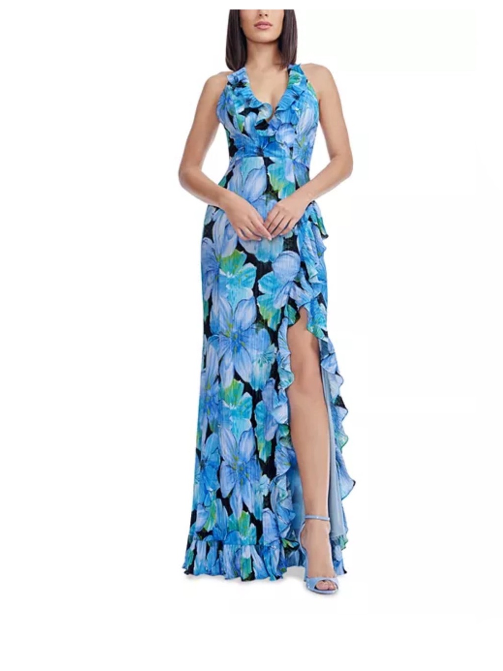Dress the Population Blue Floral Ruffle Halter Maxi Dress with Side Slit